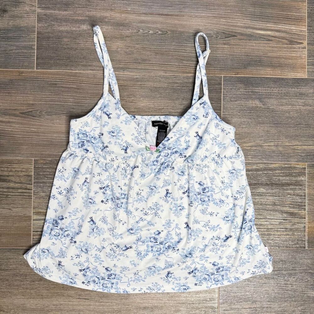 Babydoll white/blue floral tank top with adjustable straps